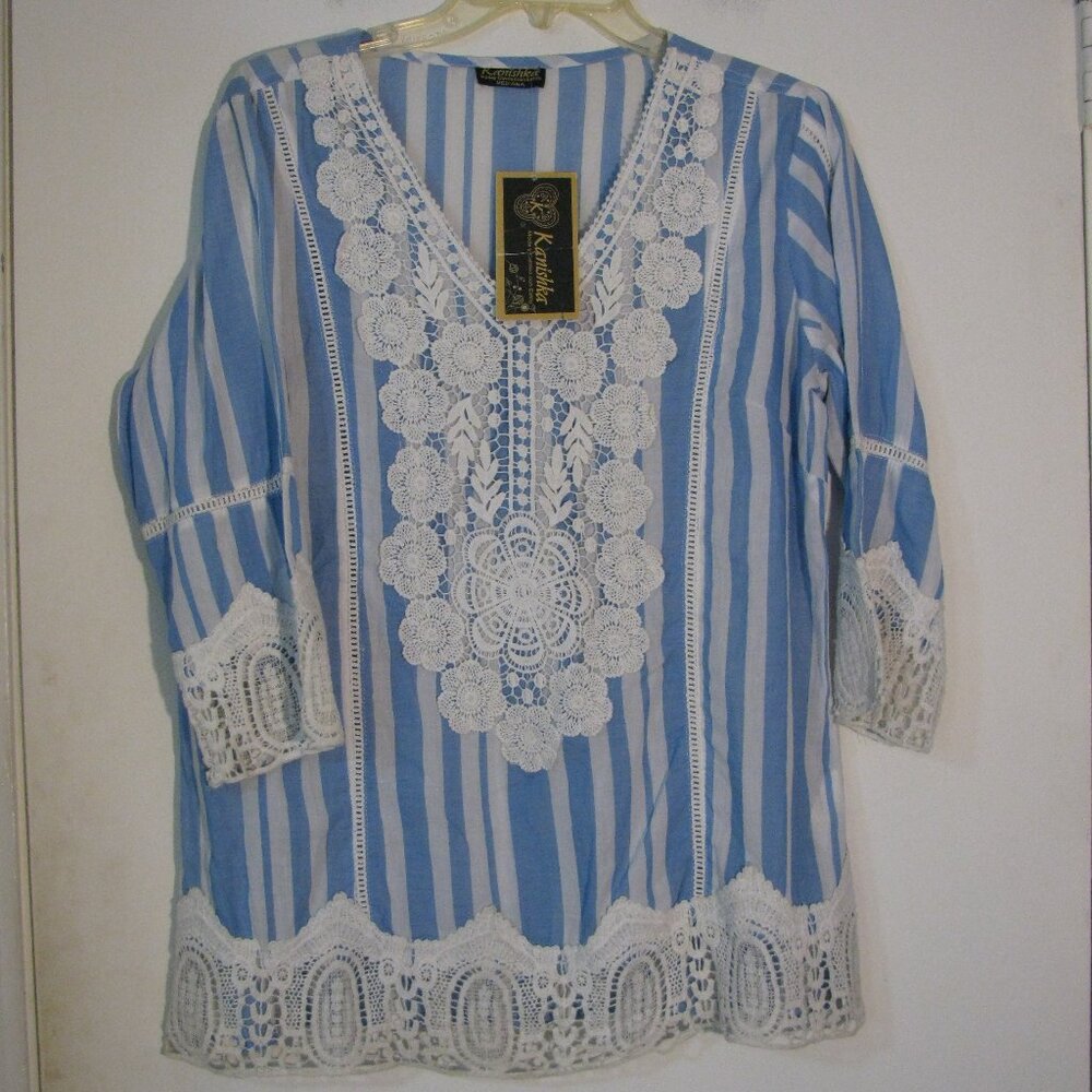 Kanishka Embroidered Blouse Medium Fits Large NWT Blue White Stripe 100% Cotton